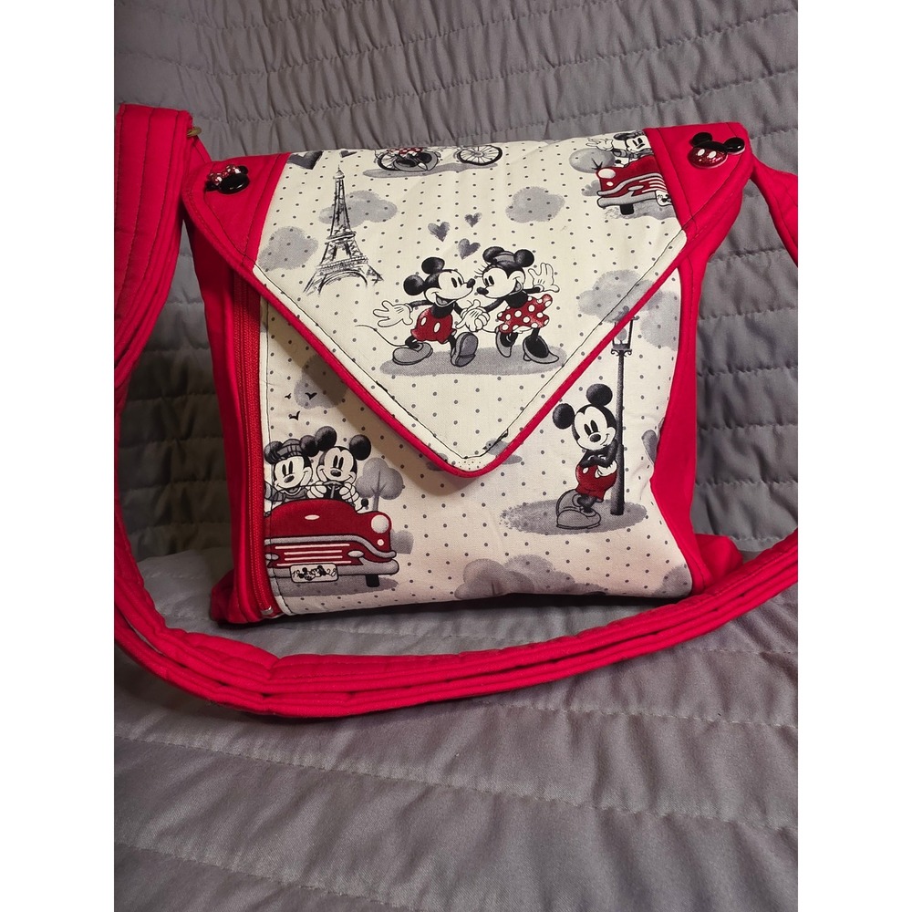 1048  Mickey Minnie Mouse Paris Crossbody Bag Red Cream Eiffel Tower Messenger
